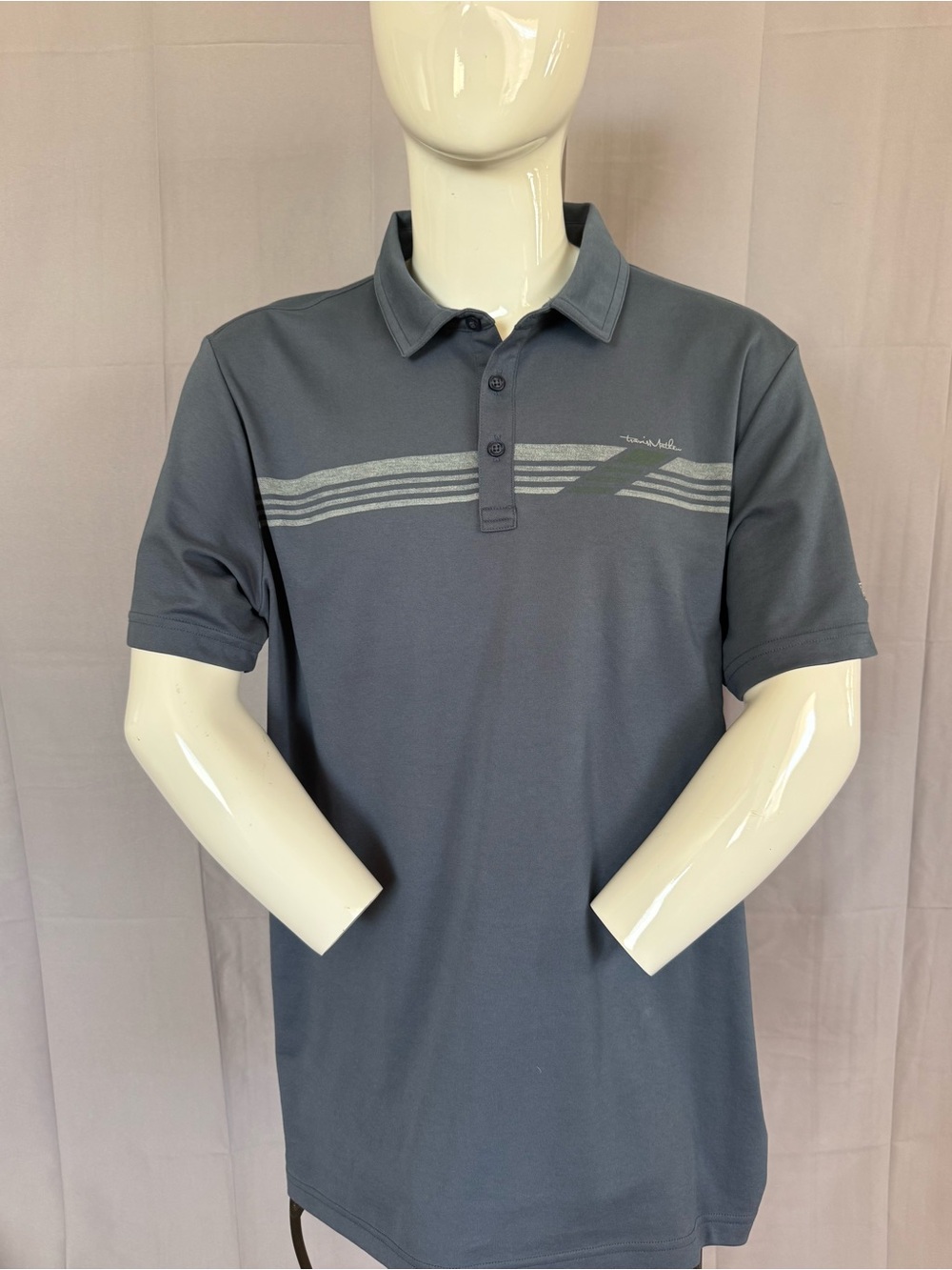 TravisMathew Gray Golf Polo with Horizontal Chest Stripes